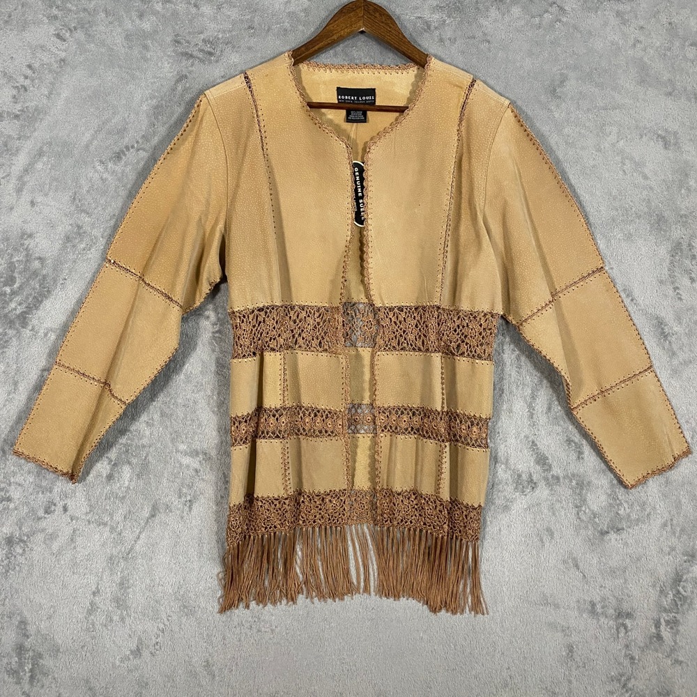 Robert Louis Jacket Sz L Taupe Genuine Suede Crochet Lace Fringe Festival Boho